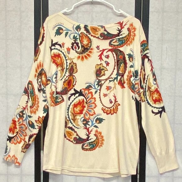 Chico’s Rust Green XL Knit Sweater Tee Long Sleeve Paisley Bateau Neck Pull Over - Picture 2 of 14